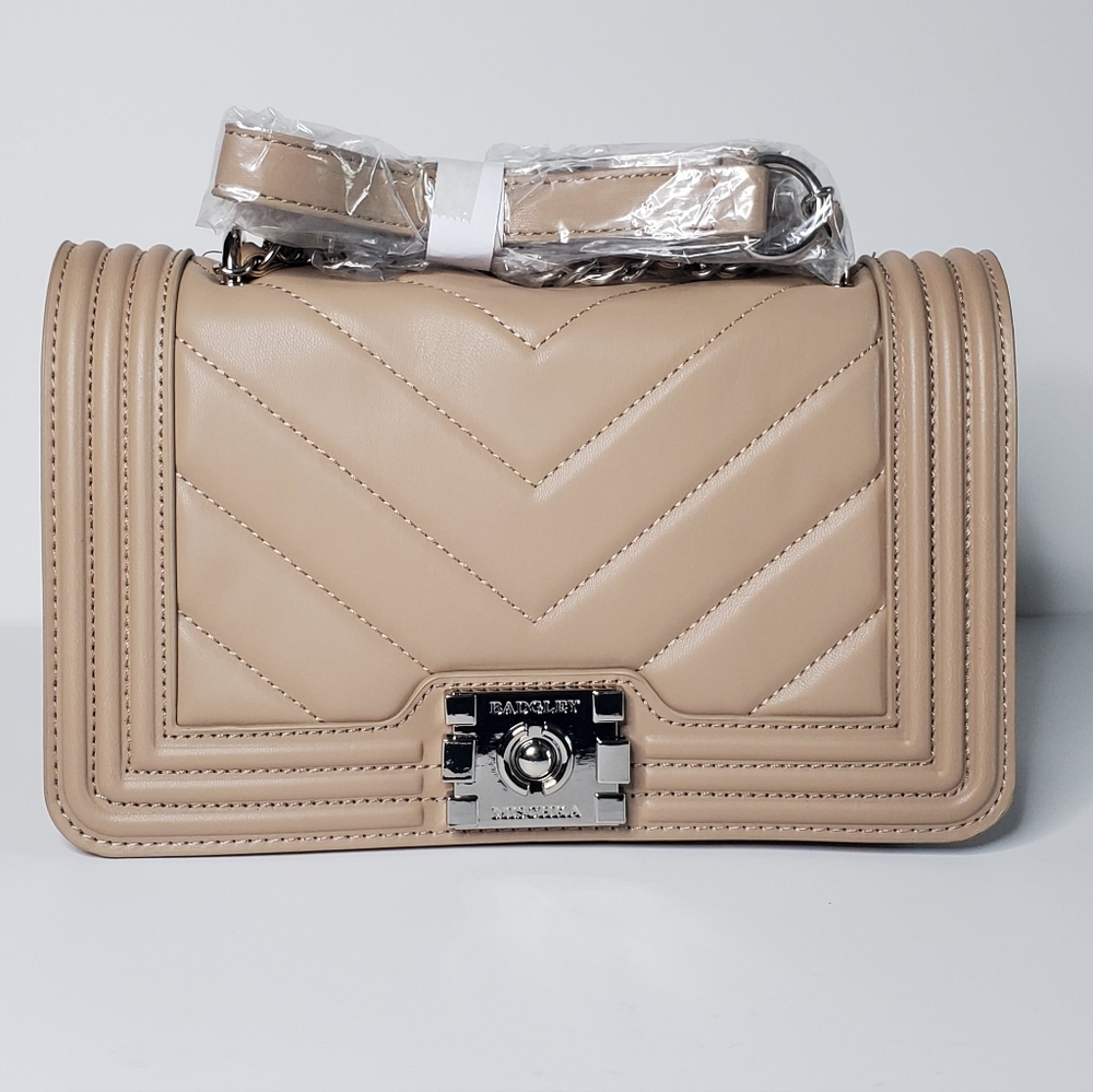 Badgley Mischka Quilted Beige Crossbody Bag with Silver Hardware